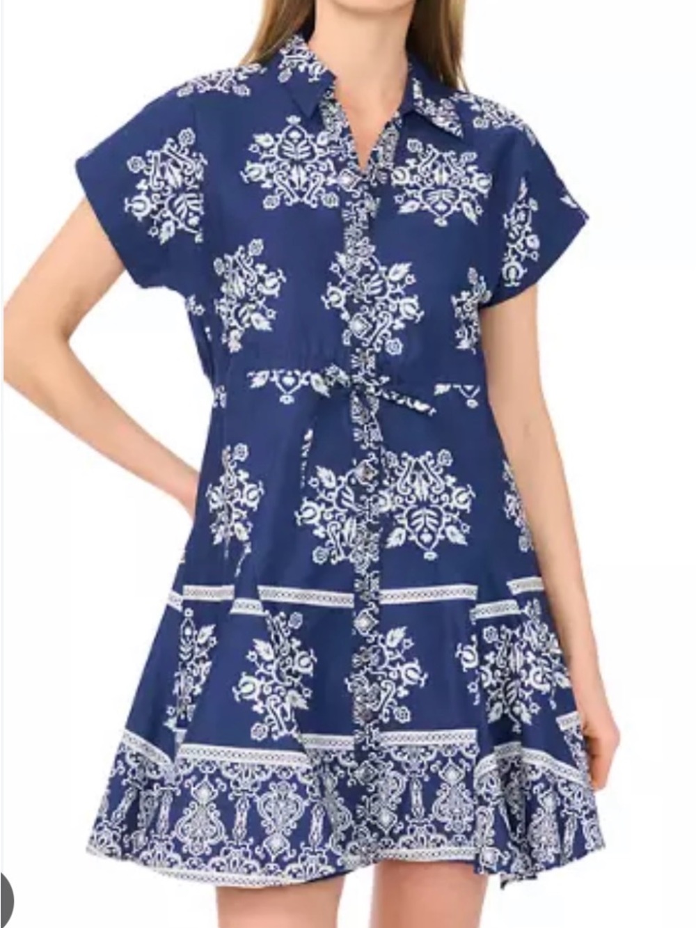 Petite Medium Navy Blue Printed Tie-Waist Dress - Picture 7 of 7